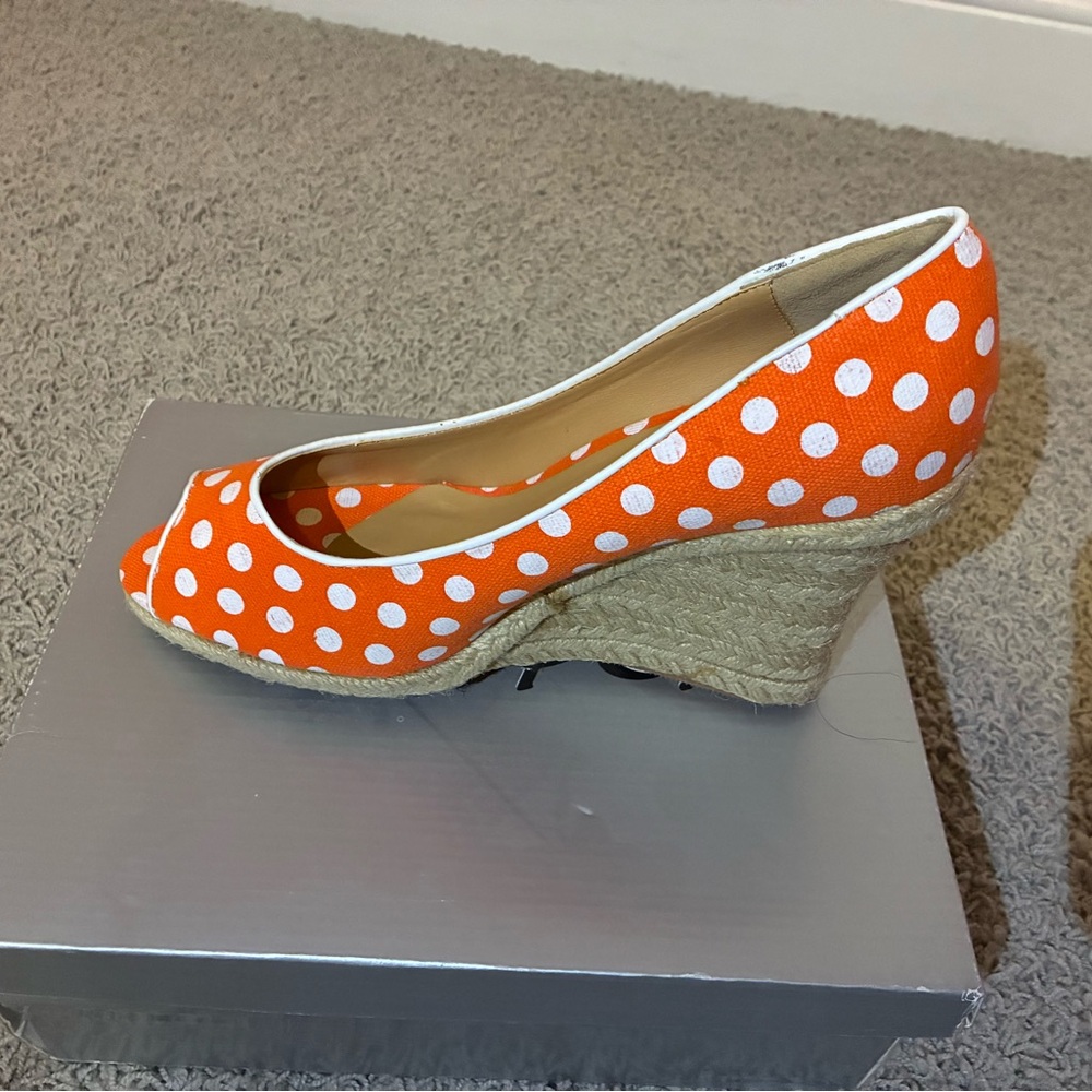 Bumper Orange and White Polka Dot Wedges